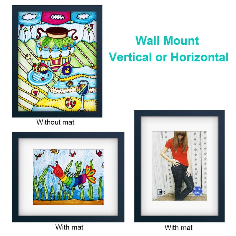 RPJC 11x14 inch Picture Frame Made of Solid Wood and High Definition Glass Display Pictures 8x10 with Mat or 11x14 Without Mat for Wall Mounting Photo Frame Jazz Blue - Image 5